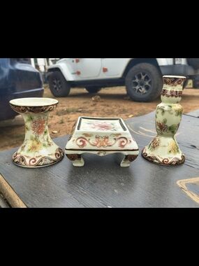 Vintage Chinese rose famille taper candle stick holders & bowl stand